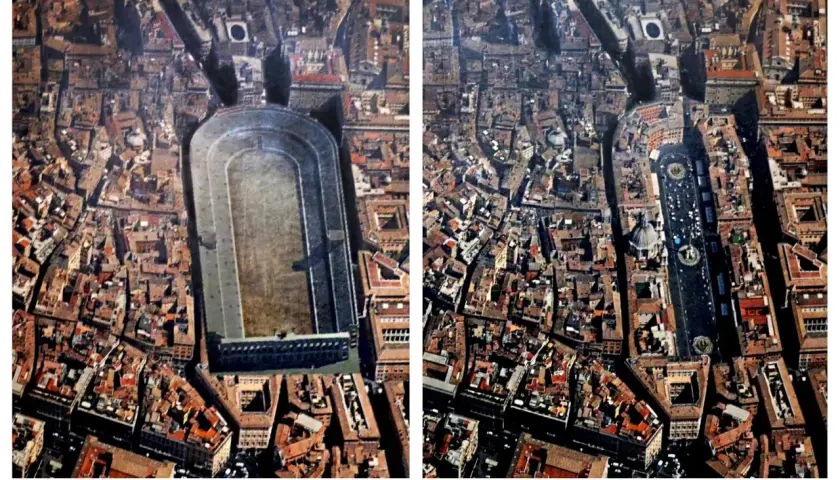 Confronto tra lo Stadio di Domiziano e l'odierna Piazza Navona, Roma.