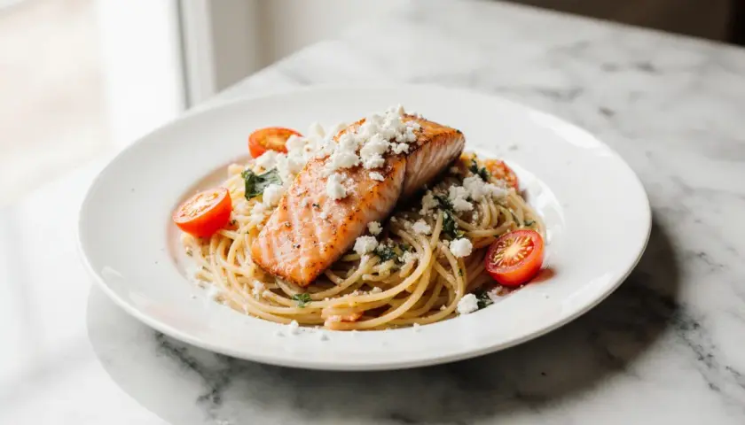 Pyszny łosoś z airfryer na makaronie spaghetti z pomidorkami i fetą.
