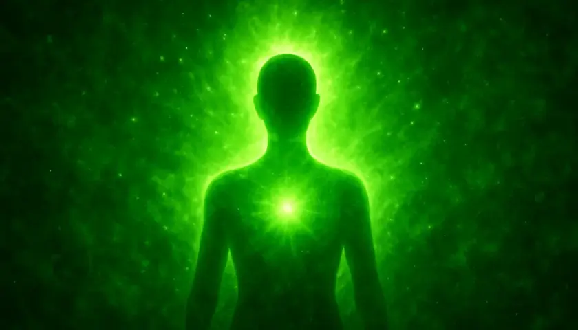 Silueta humana rodeada de energía verde brillante, simbolizando el color verde significado espiritual de sanación y crecimiento.