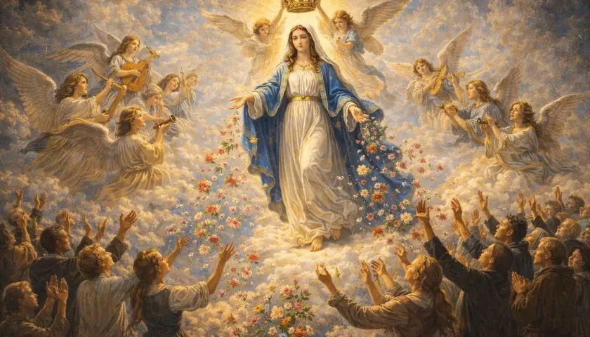 Wniebowzięcie Matki Bożej. Aniołowie grają, a lud wznosi ręce. Jak pieśń czarna madonna, tekst objawienia.