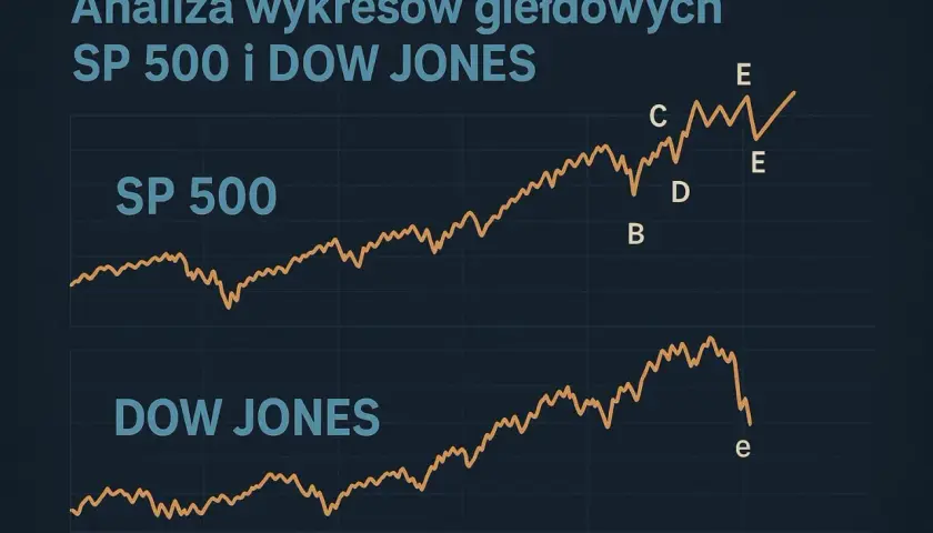 Giełda amerykańska prognozy: wykresy SP 500 i Dow Jones pokazują zmienność. Analiza punktów B, C, D, E i e.