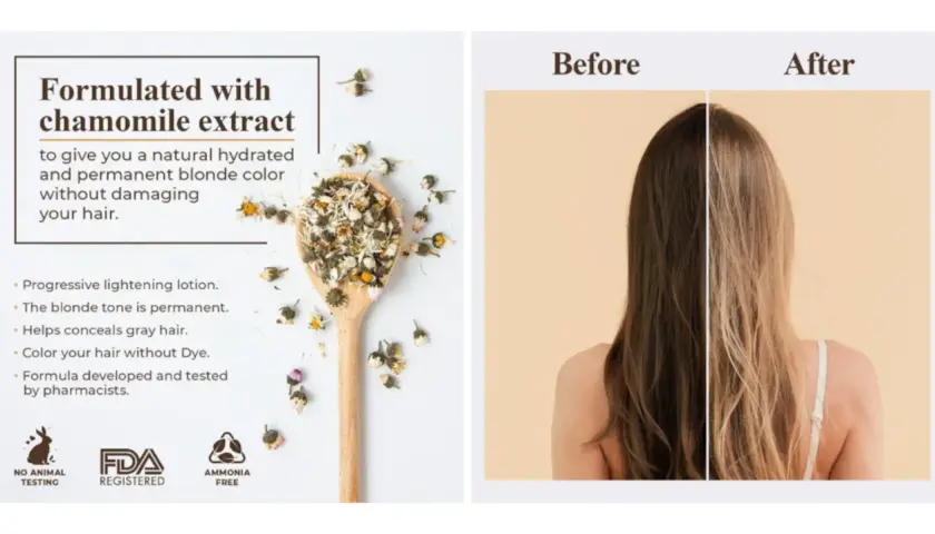 Logra aclarar el pelo de forma natural con extracto de manzanilla. Antes y después de un cabello oscuro a rubio hidratado y permanente.