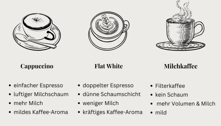 Vergleich: Cappuccino vs. Flat White. Illustrationen zeigen die Unterschiede in Espresso, Milchschaum und Milchmenge.