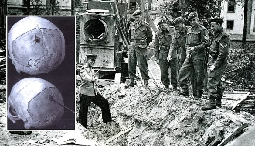 Schädeluntersuchung zur Klärung der adolf hitler todesursache. Britische Soldaten inspizieren eine Ausgrabungsstätte.