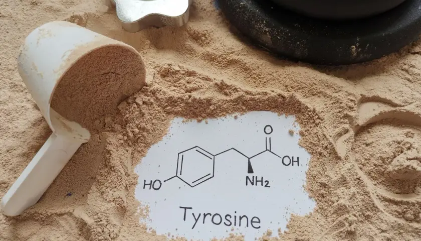 Proszek proteinowy, miarka i ciężarki. Na białej kartce wzór chemiczny i napis "Tyrosine". Tyrozyna co to? Aminokwas wspierający trening.