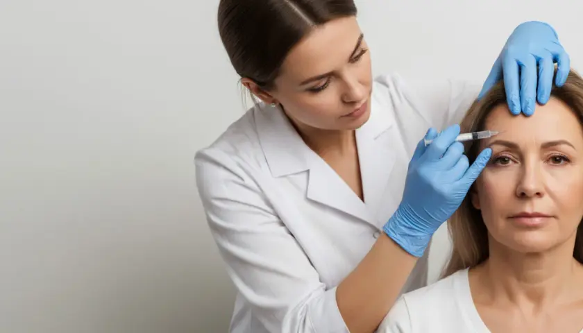 En kvinna får botox i pannan av en sköterska. Kanske för att dölja spåren av för mycket alkohol och sena nätter.