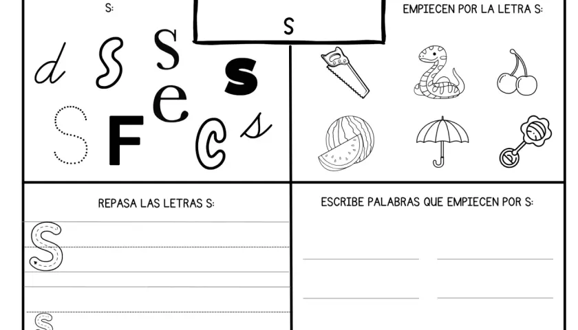 Fichas letra s para imprimir: rodea, colorea y repasa la letra S. Incluye dibujos de serpiente, sandía y paraguas.
