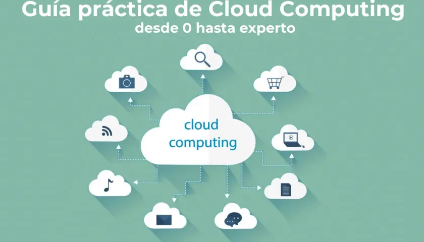 Ilustración que explica qué es cloud computing, con una nube central conectada a otras nubes con iconos de cámara, carrito, portátil, documento, chat, nota musical y wifi.