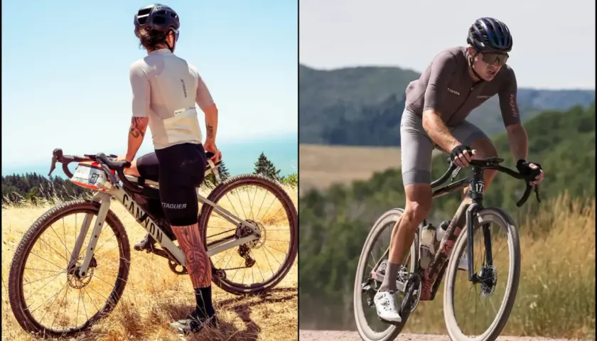 Two cyclists, one on a Canyon Grail, the other on a Canyon Grizl, conquer diverse terrains.
