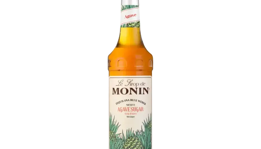 Butelka syropu cukrowego Monin Agave Sugar z agawą na etykiecie.