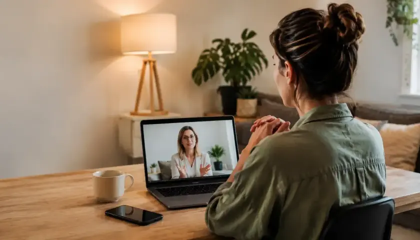 Donna in videochiamata con terapeuta, affronta la sua rejection sensitive dysphoria. Sul tavolo, tazza e smartphone.