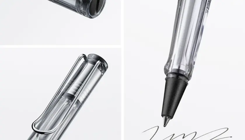 Detalles de un bolígrafo transparente escribiendo, ideal para quien busca como mejorar la letra con estilo.