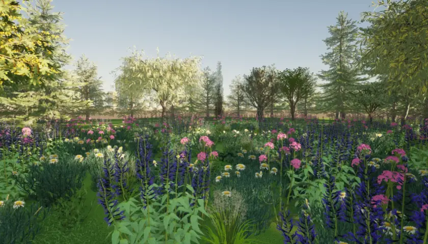 Un rigoglioso prato di fiori selvatici, con campanule viola, margherite bianche e fiori rosa, circondato da alberi verdi e un cielo azzurro.