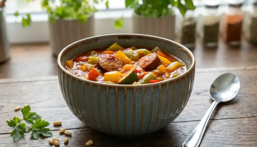 Aromaticzne leczo z cukinii z kiełbasą i papryką w misce, obok łyżka i gałązka natki.
