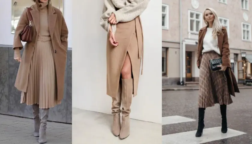 Eleganckie jesienne stylizacje ze spódnicą: beżowa plisowana, z rozcięciem i w kratę.