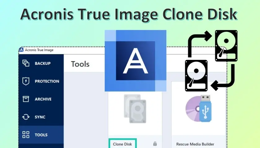 Anleitung zum Klonen einer Festplatte auf eine SSD mit Acronis True Image. Die Software zeigt die Funktion "Clone Disk" an.