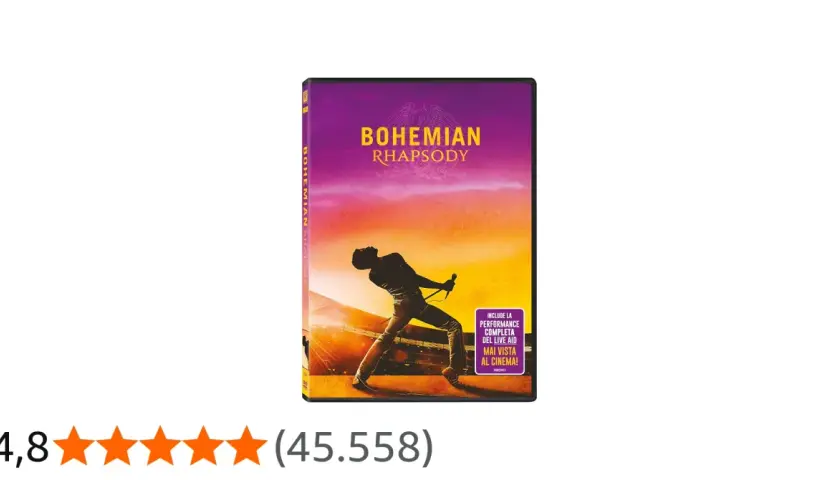 Copertina DVD "Bohemian Rhapsody" con Freddie Mercury sul palco. La recensione del film è molto positiva, con 4,8 stelle.