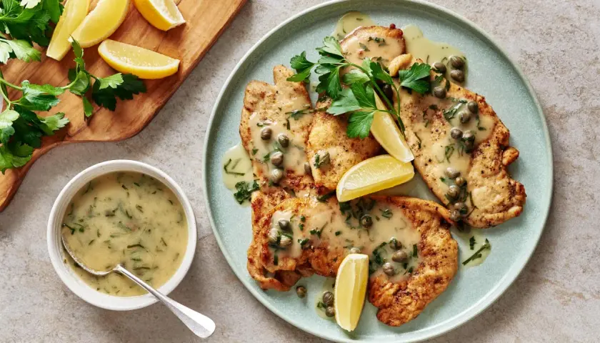 Délicieux piccata de poulet, nappé d'une sauce crémeuse aux câpres et garni de persil frais et de quartiers de citron.