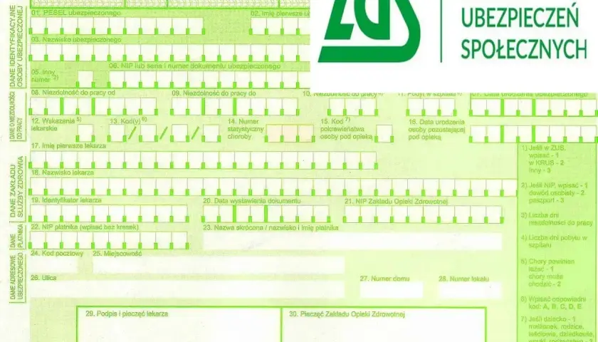 Formularz ZUS ZLA, który określa, ile można być na L4, z logo ZUS.