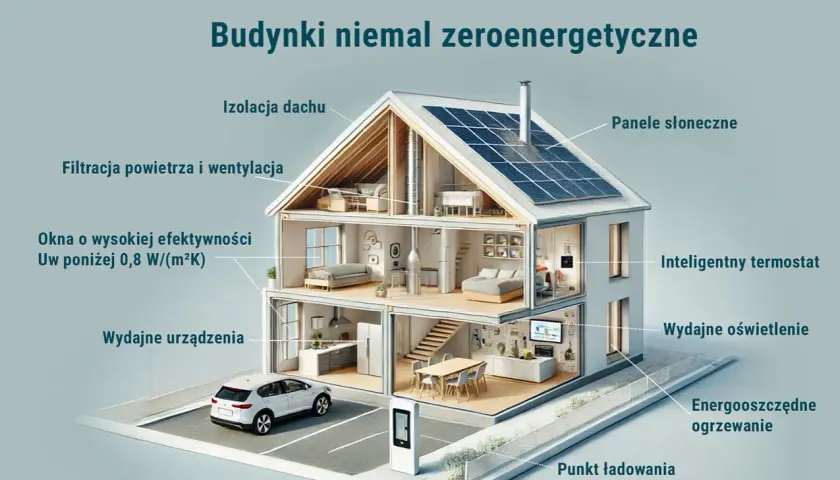 Projekt domu zeroenergetycznego: przekrój pokazuje izolację, panele słoneczne, energooszczędne okna i ogrzewanie.