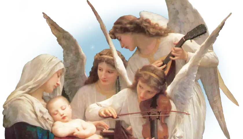 Anioły grające muzykę dla śpiącego Dzieciątka i Matki Bożej. W tle gwiazdy i księżyc. Modlitwa do Michała Archanioła.