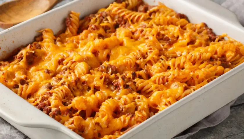 Zapiekanka makaronowa z mięsem mielonym w sosie śmietanowym, pokryta roztopionym, ciągnącym się serem cheddar.