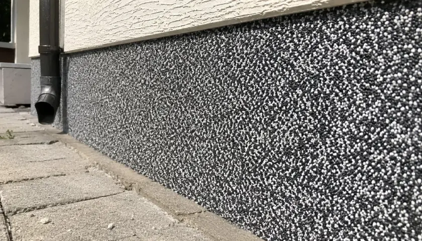 Nowoczesny marmolit na elewacji, w odcieniach czerni i bieli, tworzy ciekawy wzór.