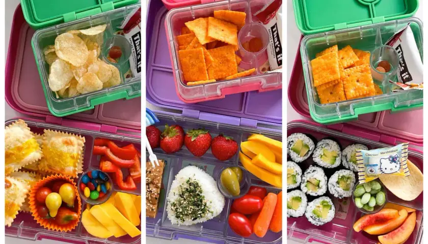 Creative bento box ideas: chips, crackers, ravioli, sushi, fruit, veggies, and candy.