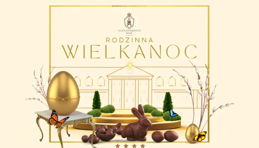 Elegancka wielkanoc w hotelu Alexandrinum Palace. Złote jajka, czekoladowy zajączek i motyle.