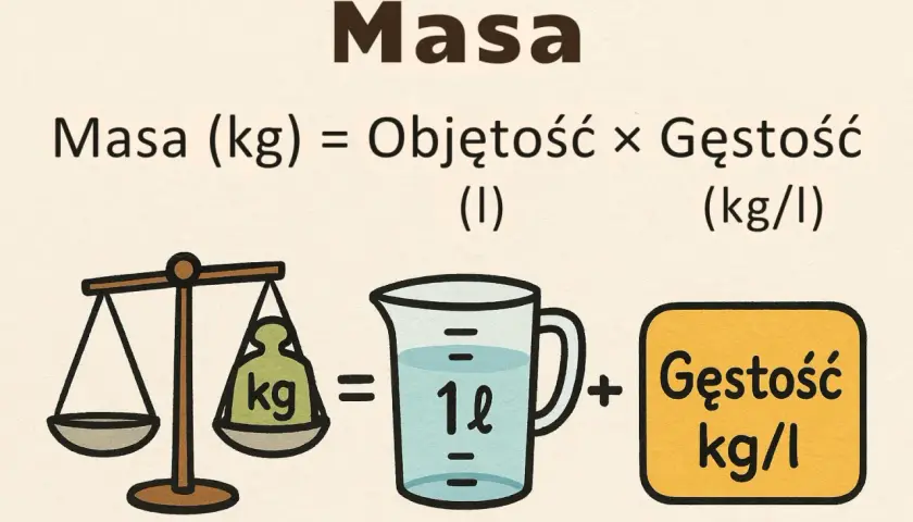 Jak przeliczyć litry na kilogramy? Masa (kg) = Objętość (l) × Gęstość (kg/l). Ilustracja pokazuje wagę, dzbanek z płynem i symbol gęstości.