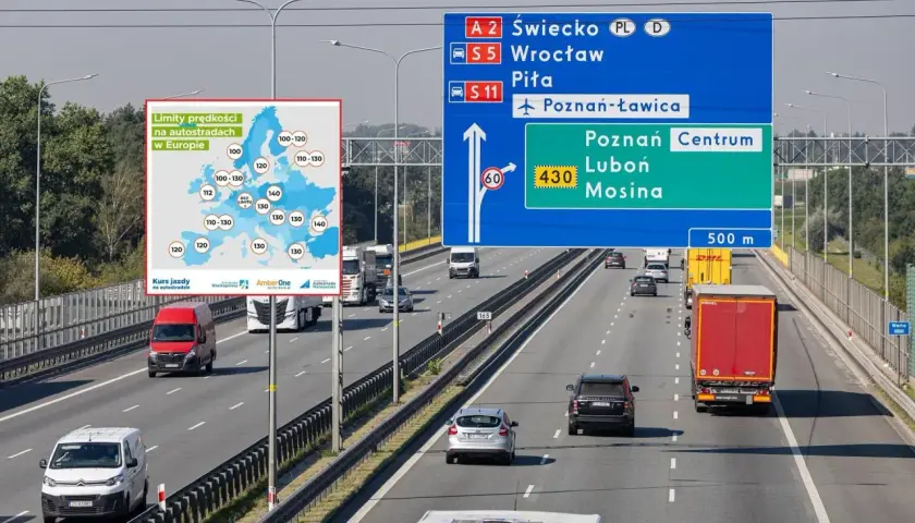 Jazda z przyczepą po autostradzie A2 w kierunku Poznania. Obok tablica z limitami prędkości w Europie.