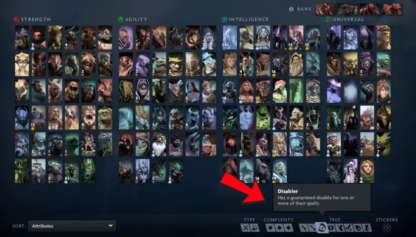 Wybór dota postaci: siła, zwinność, inteligencja i uniwersalne. Widoczna podpowiedź o "Disabler" - postaciach z umiejętnością ogłuszenia.