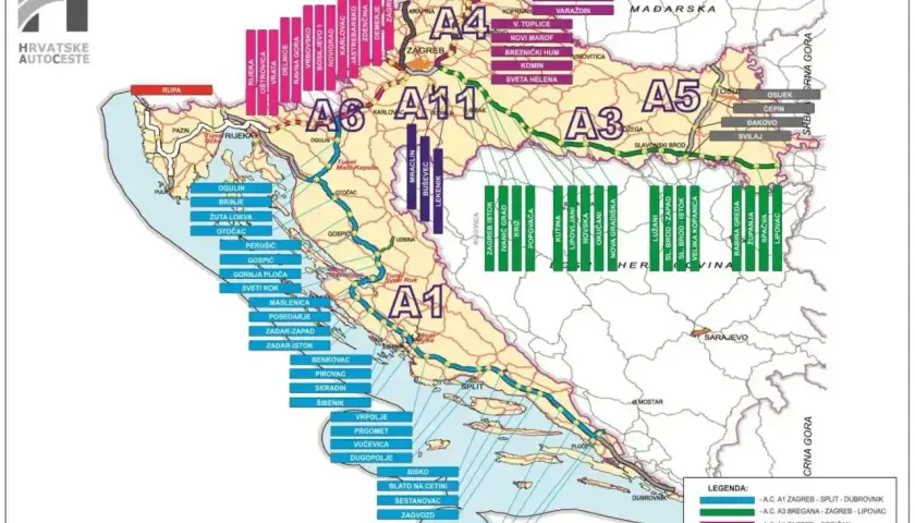 Mapa autostrad Chorwacji z zaznaczonymi trasami A1, A3, A4, A5, A6 i A11. Winieta Chorwacja.