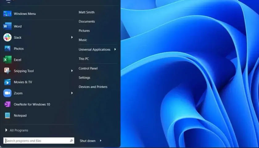 Startmenü im Vergleich: Windows 11 Ansicht mit Apps wie Word, Excel und OneNote für Windows 10, daneben der Desktop.