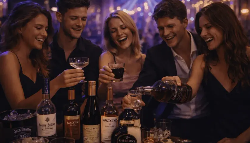 Grupa przyjaciół śmieje się, pijąc drinki i nalewając Sheridansa w barze.