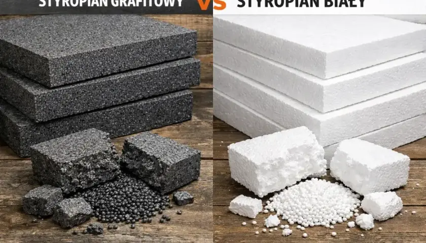 Styropian grafitowy i biały EPS na drewnianym tle. Różnice w strukturze i granulacji materiałów izolacyjnych.
