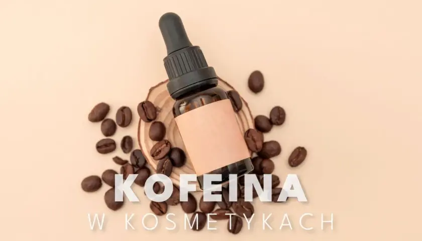 Kofeina w kosmetykach: buteleczka z pipetką i ziarna kawy, sugerujące pielęgnację włosów.