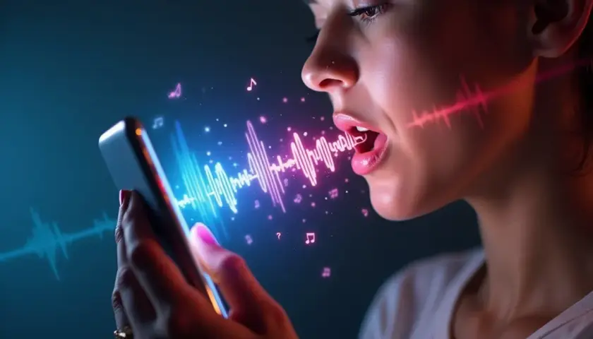 Kobieta pyta telefon: "co to za piosenka google?". Wokół niej unoszą się fale dźwiękowe i nutki.