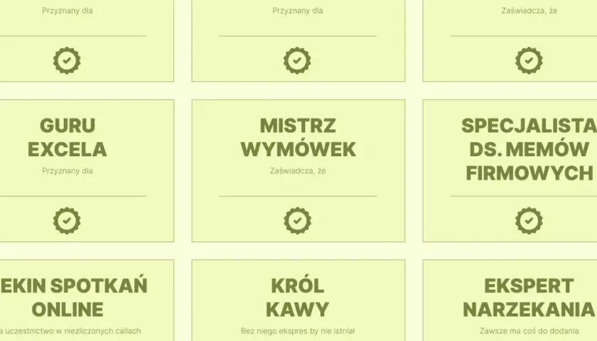 Grafika z zabawnymi tytułami i ikonami medali, np. "Guru Excela", "Mistrz Wymówek".