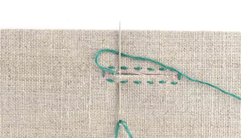 Close-up of a needle and teal thread being used to sew a buttonhole on beige fabric. Stitches are visible along the edges of the cut.
