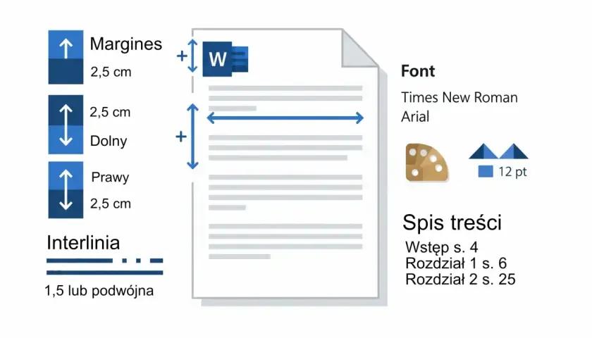 Ustawienia dokumentu: marginesy 2,5 cm, czcionka Times New Roman/Arial 12 pkt, interlinia 1,5 lub podwójna. Spis treści zawiera wstęp i rozdziały. To podstawa do stworzenia bibliografii.