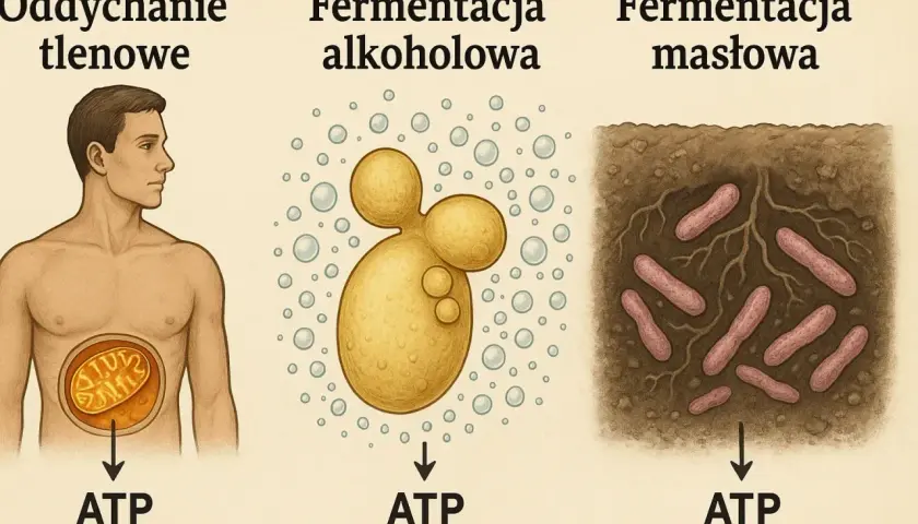 Ilustracja porównująca oddychanie tlenowe (człowiek z mitochondrium), fermentację alkoholową (drożdże z bąbelkami) i fermentację masłową (pałeczki w glebie).