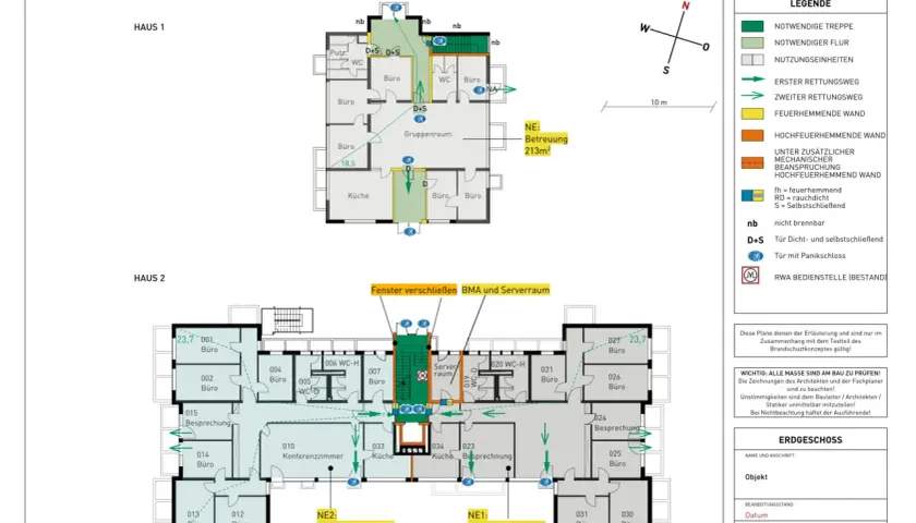 Grundriss mit Legende für brandschutz nachweis. Zeigt Fluchtwege, Wände und Türen in Haus 1 und 2.