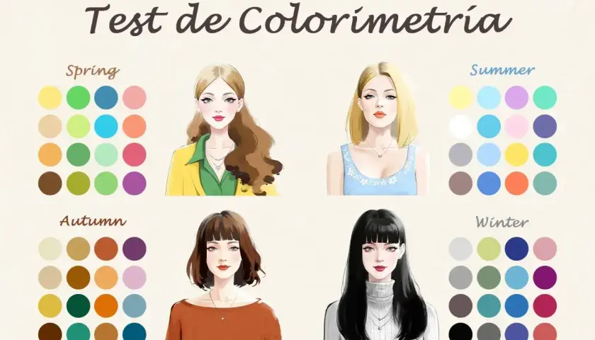 Test de colorimetría con cuatro estaciones: Primavera, Verano, Otoño e Invierno, cada una con paletas de colores y retratos de mujeres.