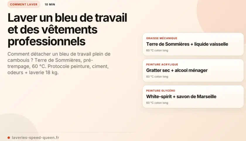Guide pour laver un bleu de travail mécanicien taché de cambouis, peinture ou ciment. Solutions pour détachage et lavage à 60°C.