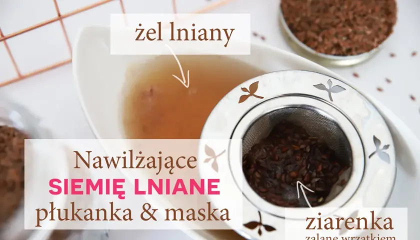 Żel lniany w miseczce, sitko z nasionami lnu zalanych wrzątkiem.