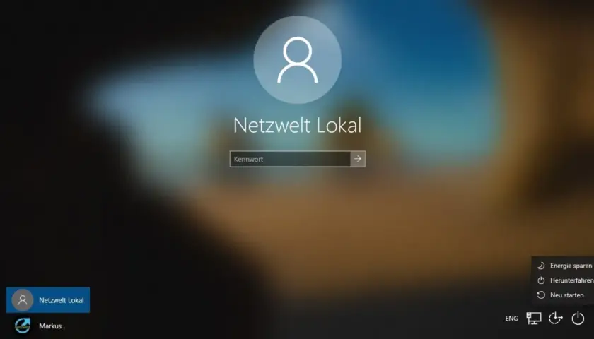 Windows Anmeldebildschirm. Benutzer "Netzwelt Lokal" wartet auf Kennworteingabe. Ich habe meinen Windows PIN vergessen.