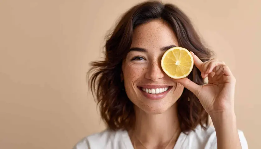 Lächelnde Frau mit Sommersprossen hält Zitronenscheibe vor ihr Auge. Ein Hauch von Vitamin B für die Augen.