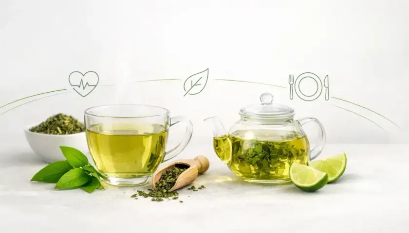 Parująca filiżanka zielonej herbaty, dzbanek z naparem, liście i limonki. Czy zielona herbata pobudza? Z pewnością dodaje energii do zdrowego stylu życia.