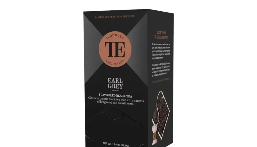 Pudełko herbaty Teahouse Exclusive Earl Grey, klasyczna czarna herbata z aromatem bergamotki i bławatka.